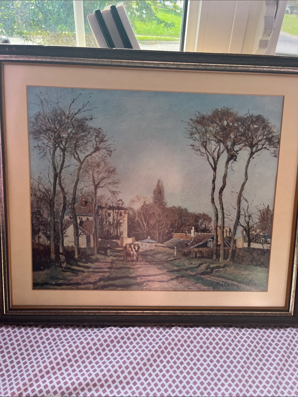 Framed Landscape Wall Art in Muted Blue and Brown..Entrance to the village